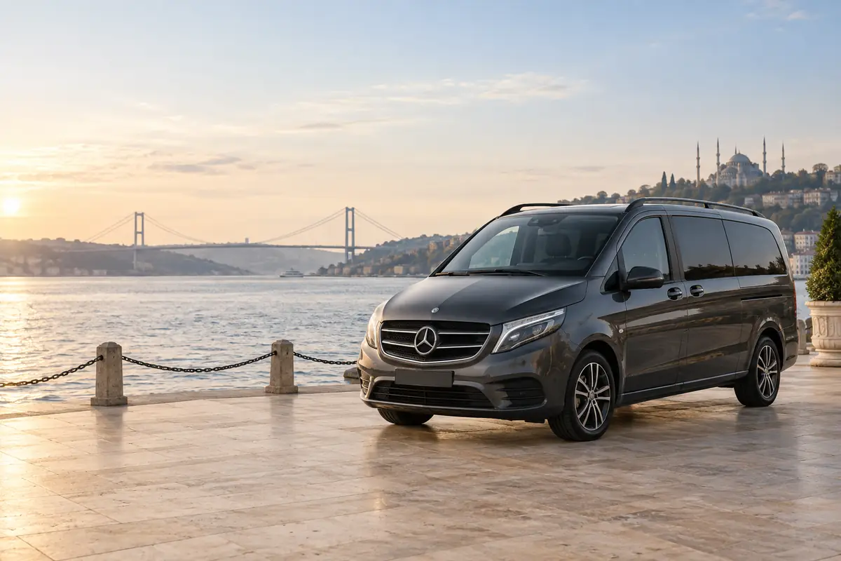 Su kıyısında Mercedes logolu koyu renk minibüs — temsili görsel
